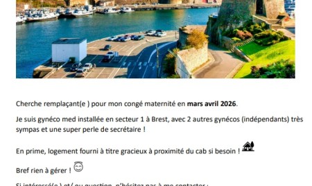 Cherche remplaçant(e) cabinet gynéco med Brest - Mars 2026